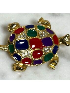 Vintage Turtle Brooch Gold Tone Multicolor Enamel Rhinestone Pin, Animal Jewelry